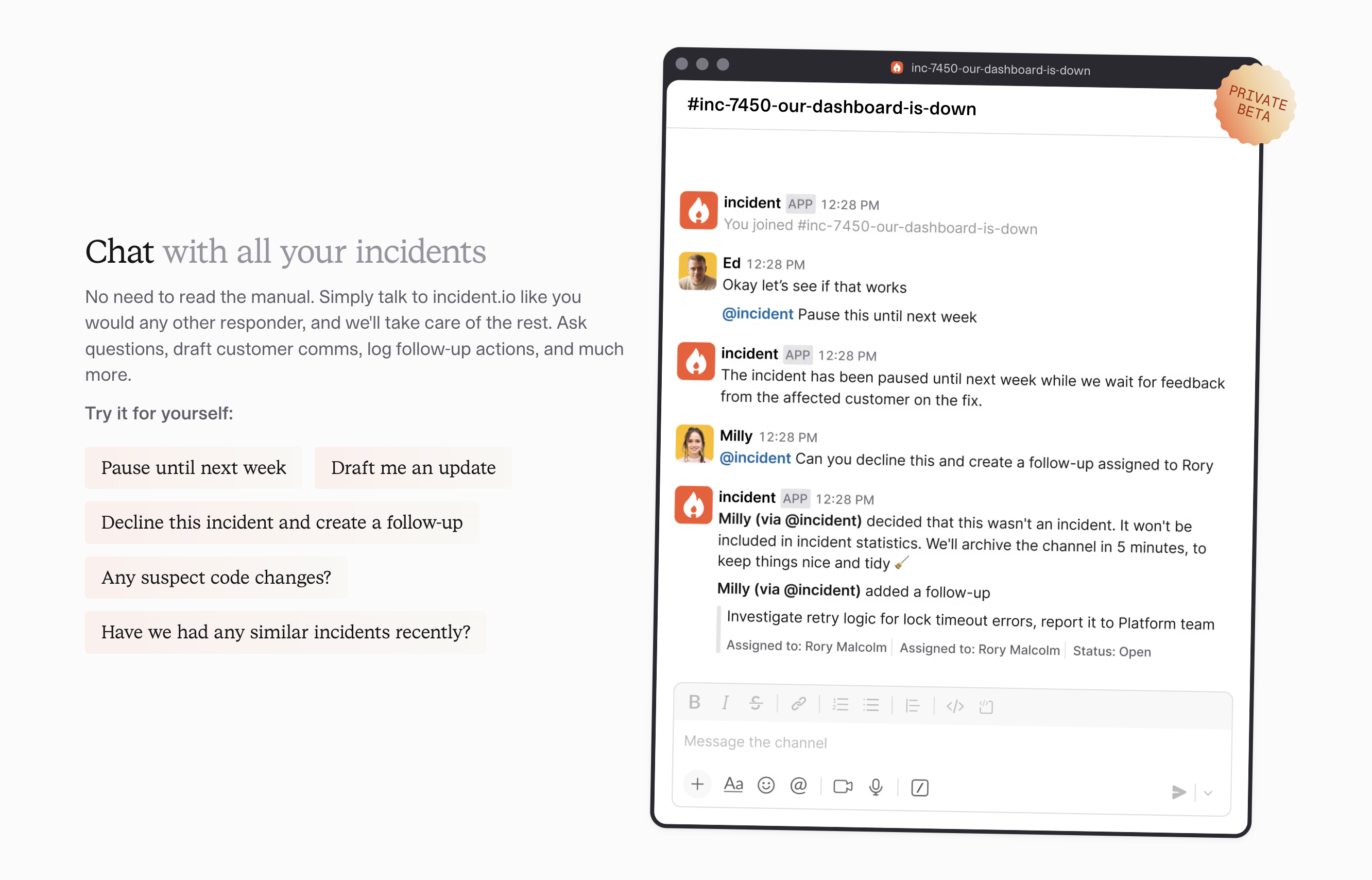 Chat interface demonstrating natural language interaction with incident.io