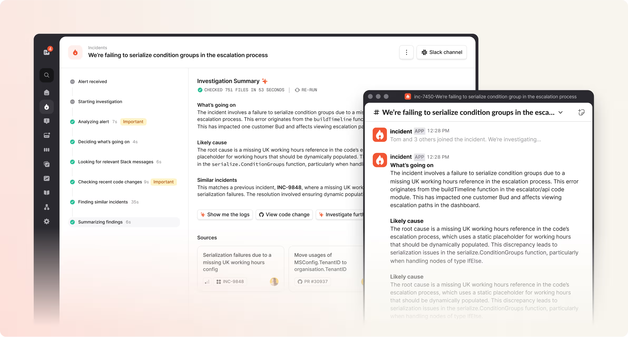 Preview of the Investigation system showing automated incident analysis