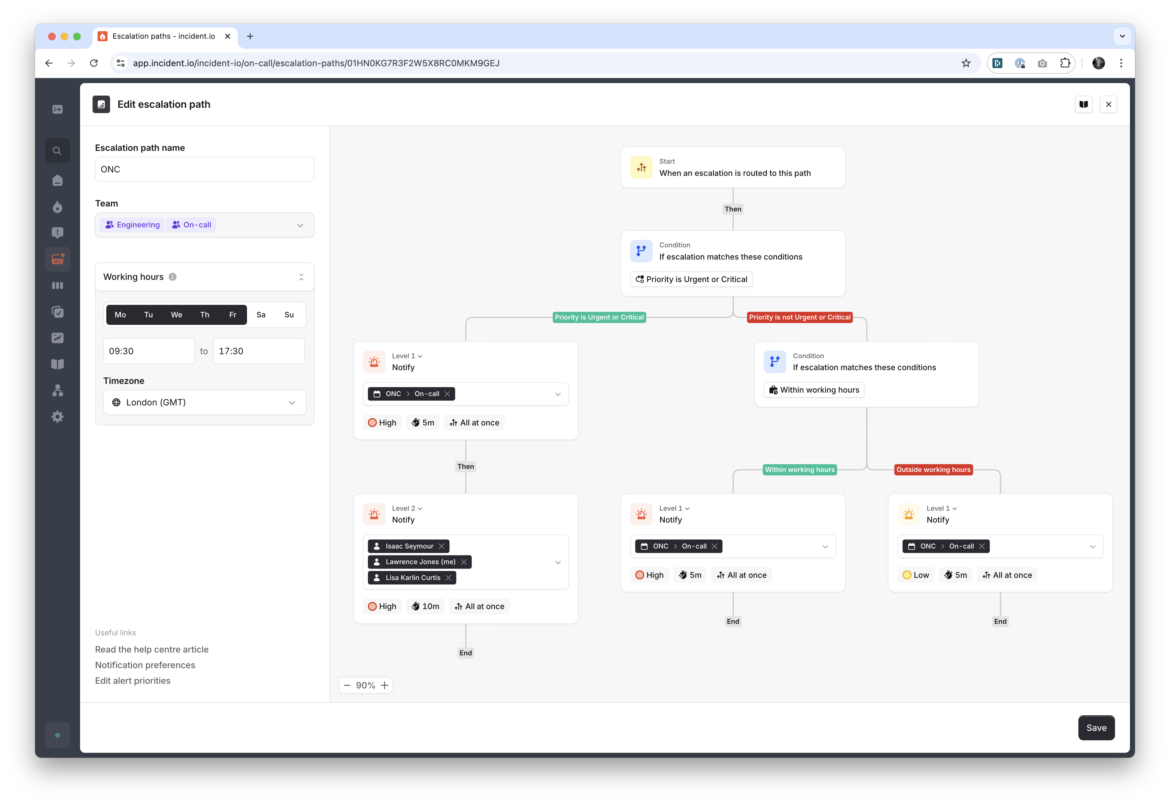 Smart Escalation Paths interface showing branching notification flows