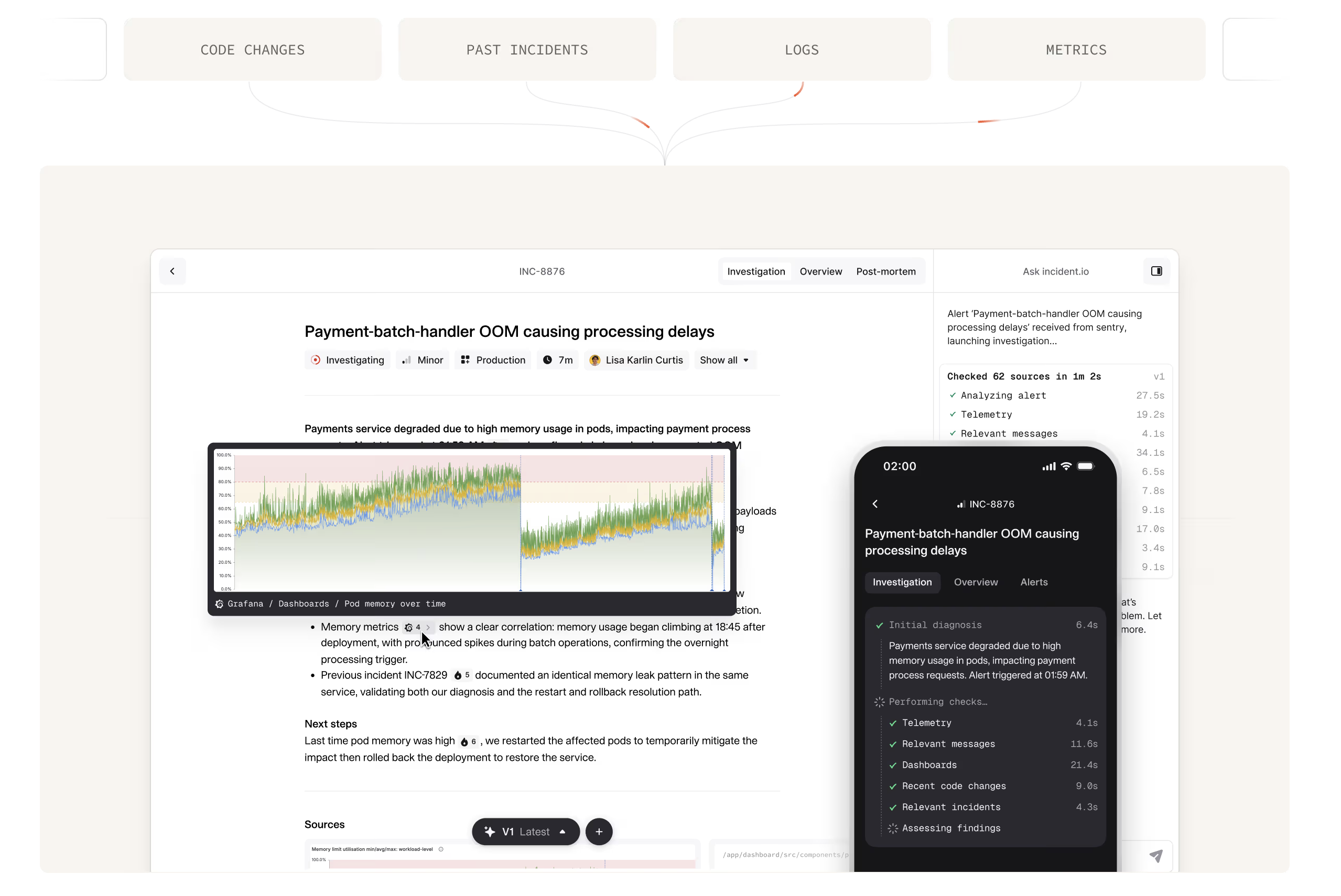 AI SRE investigation interface showing code changes, past incidents, logs, and metrics