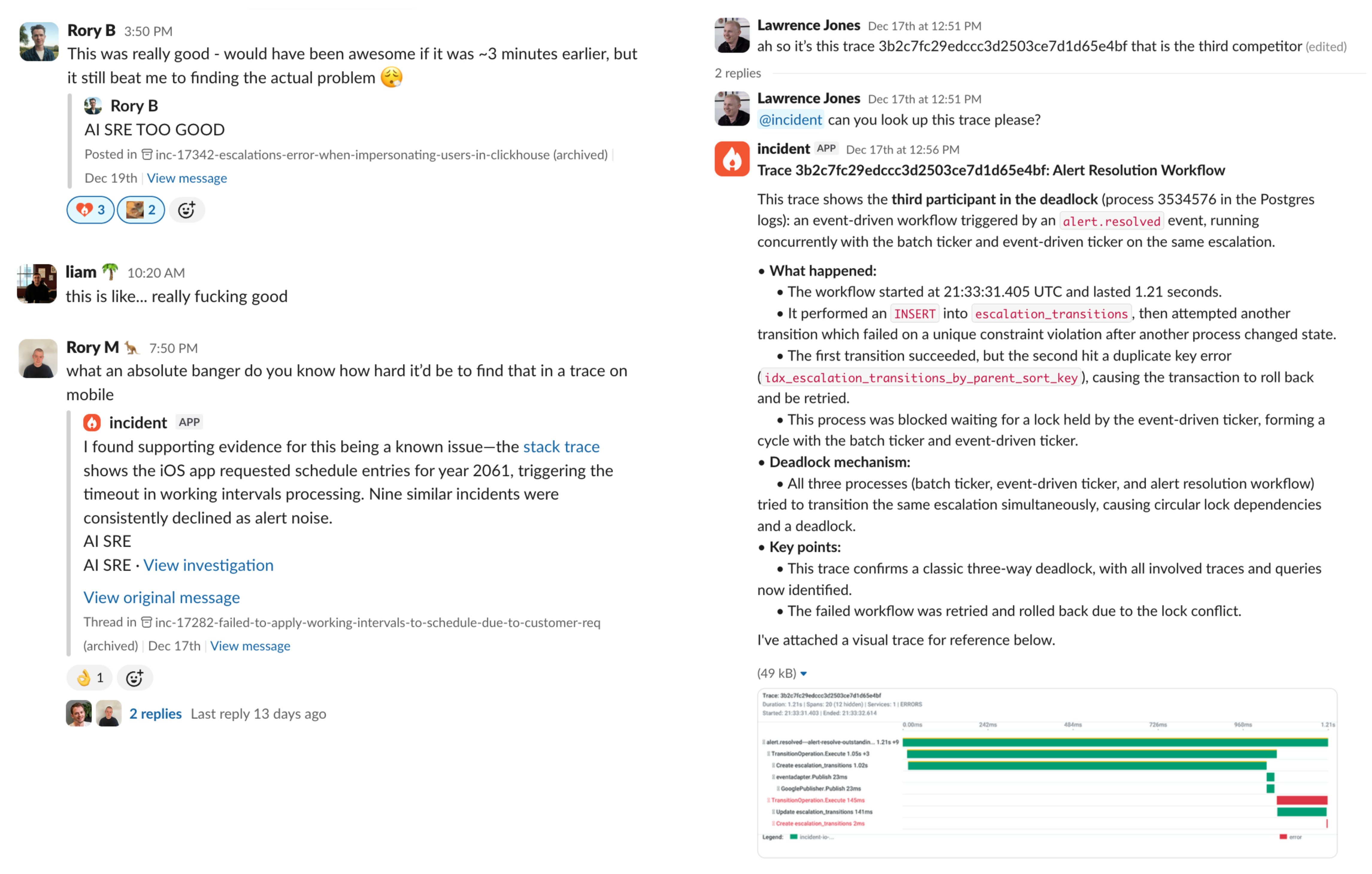 Team Slack reactions to AI SRE findings