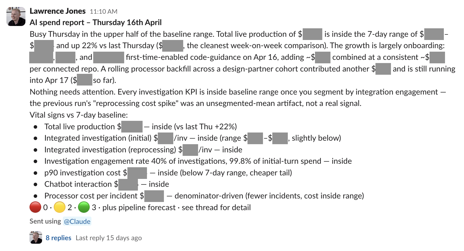 The daily spend report posted into Slack — total live production spend, vital signs against the 7-day baseline, traffic-light flag count.