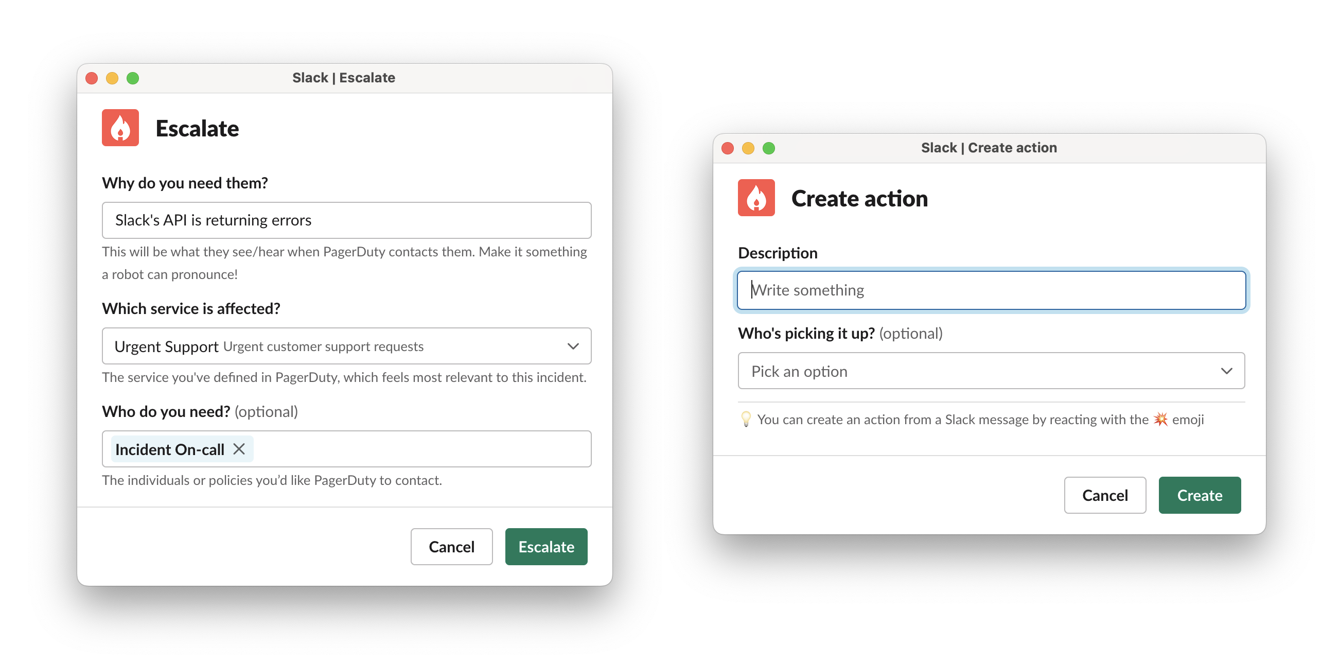 Escalation and action create modal side-by-side